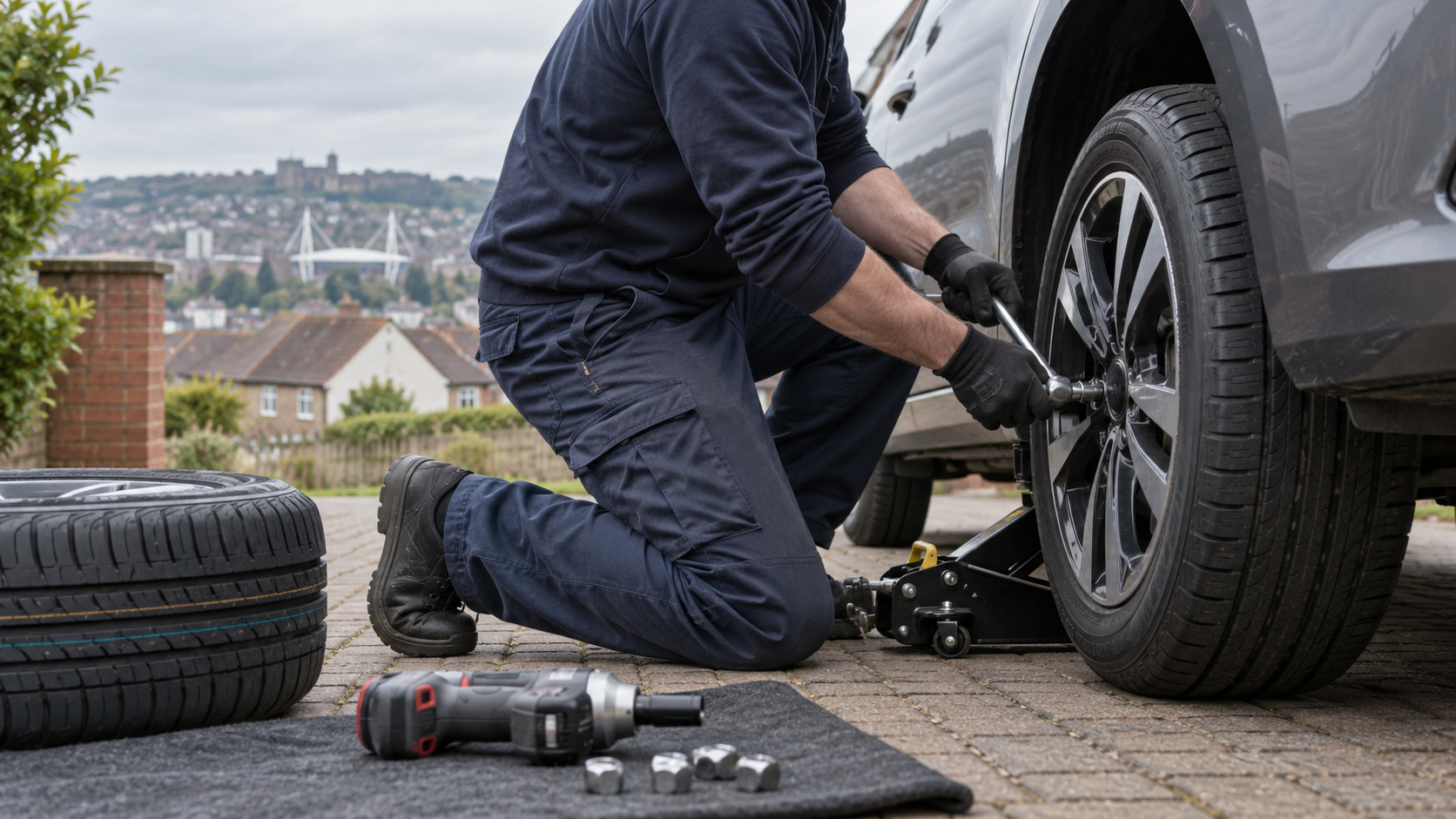 Mobile tyre fitter replacing a car tyre on a driveway